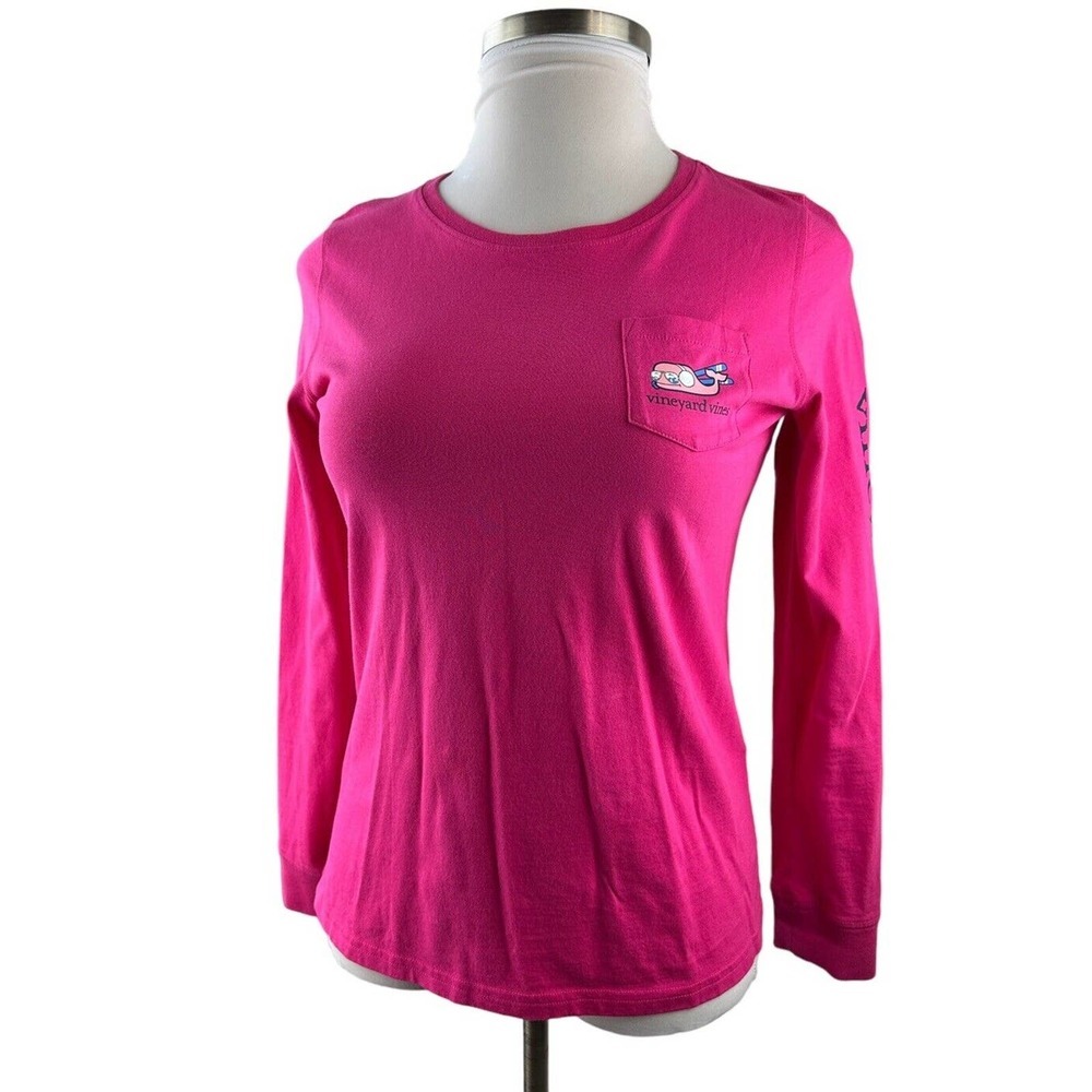Vineyard Vines Long Sleeve Snow Bunny Whale Pocket Tee Pink Shirt Women's Small - Picture 13 of 14